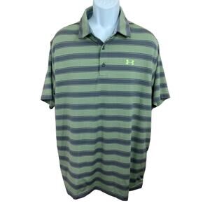 Men's Under Armour Loose Heatgear Polo Shirt Sz XL Green Gray Striped Athletic